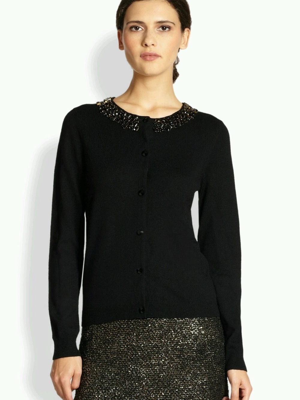 Alice + Olivia Strayer Stone Beaded Cardigan Black Sweater Wool Top Size S